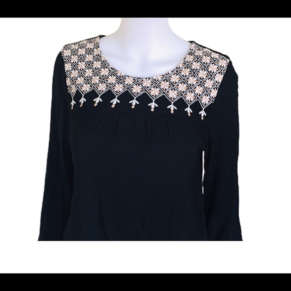 GAP Boho Embroidery Peasant Blouse With Long Sleeves Black/Ivory Size XS - Picture 7 of 15